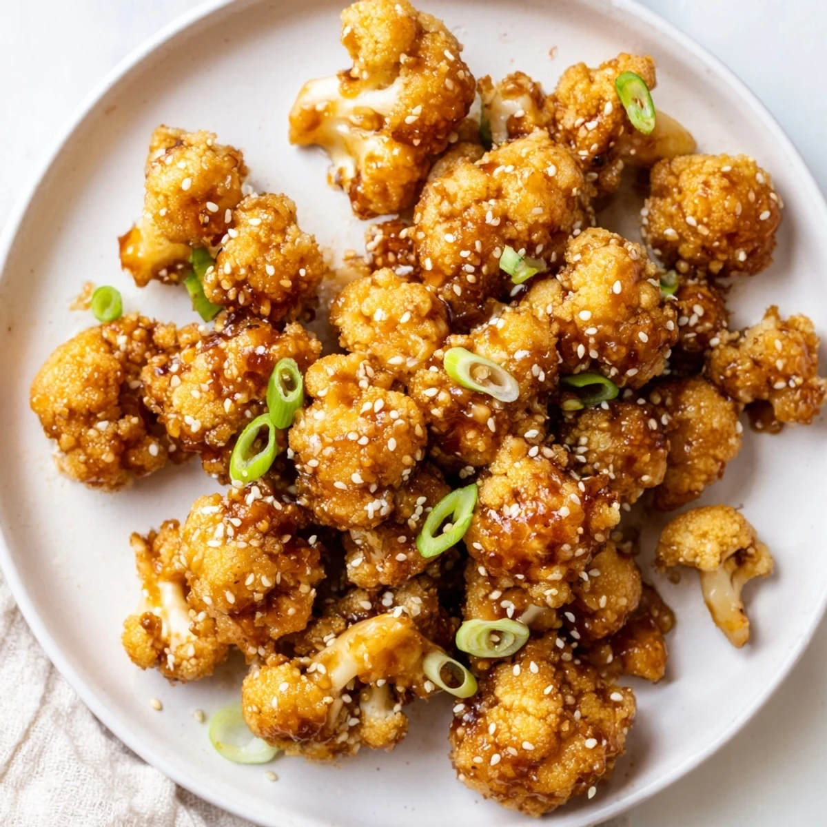 Golden, crispy baked cauliflower florets coated in a sticky honey garlic sauce, garnished with sesame seeds and green onions.