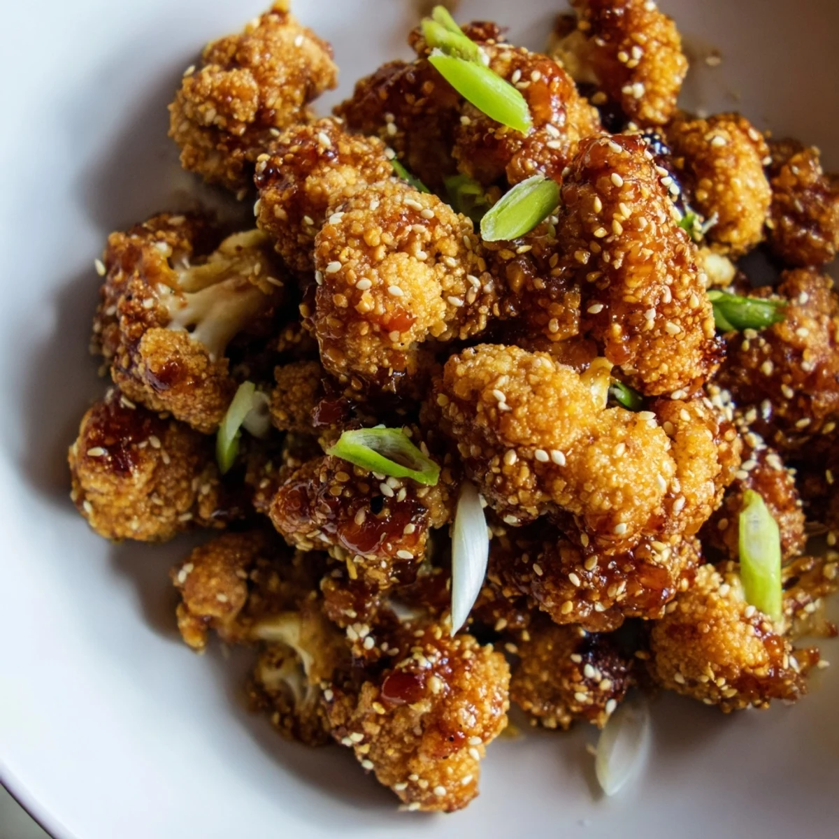 Oven-baked cauliflower tossed in a sweet and savory honey garlic glaze, garnished with sesame seeds and sliced green onions.