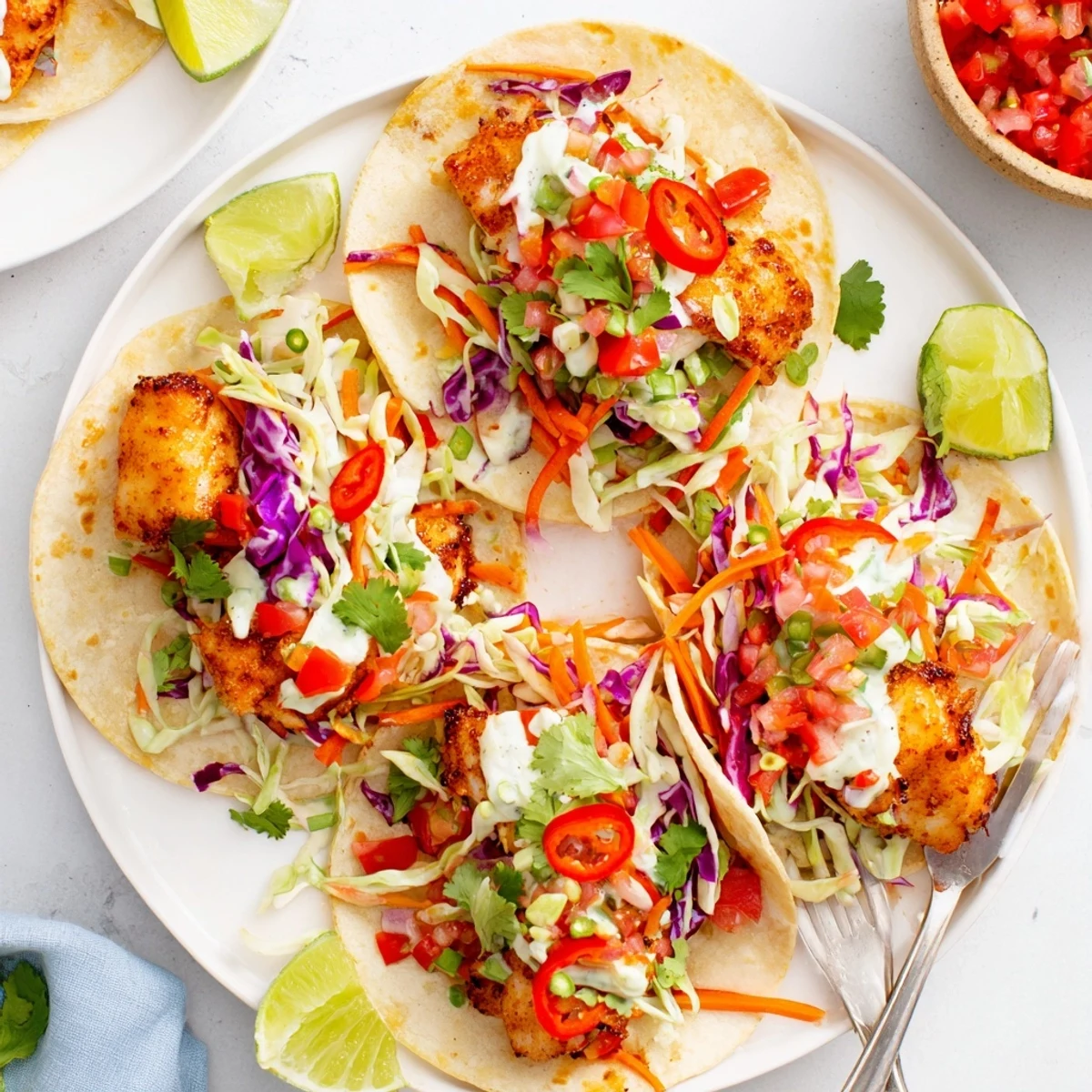Golden, flaky barramundi fillets nestled in soft tortillas with crunchy rainbow slaw and fresh salsa.
