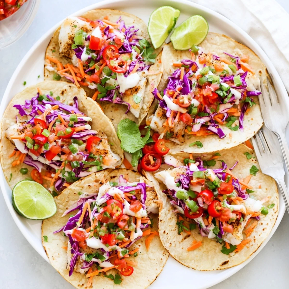Hearty Barramundi Tacos are topped with vibrant cabbage slaw and zesty salsa for a flavorful meal.