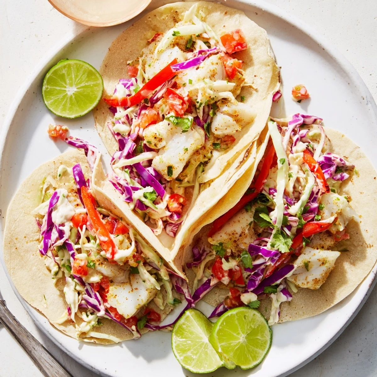 Colorful Barramundi Tacos with tender fish, crisp rainbow slaw, and fresh salsa, ready to enjoy.