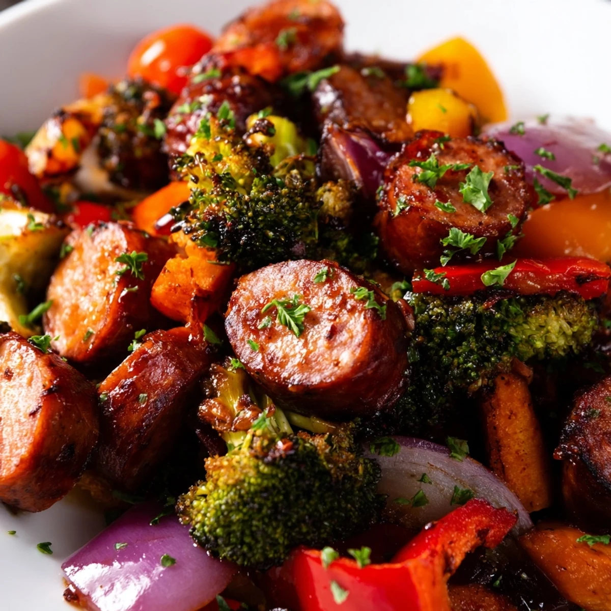 Golden-brown kielbasa and roasted vegetables coated in a sticky honey garlic glaze on a sheet pan.