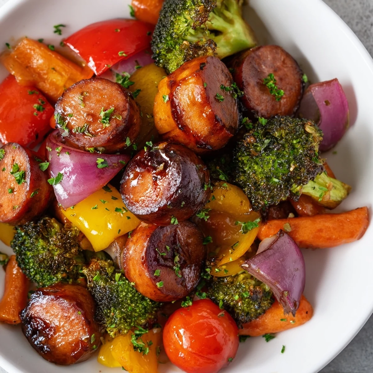 One Pan Honey Garlic Kielbasa & Veggies served with fresh parsley and lemon wedges for a bright finish.