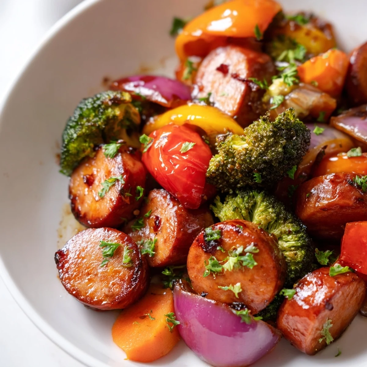 A vibrant One Pan Honey Garlic Kielbasa & Veggies dinner with colorful peppers and tender broccoli florets.