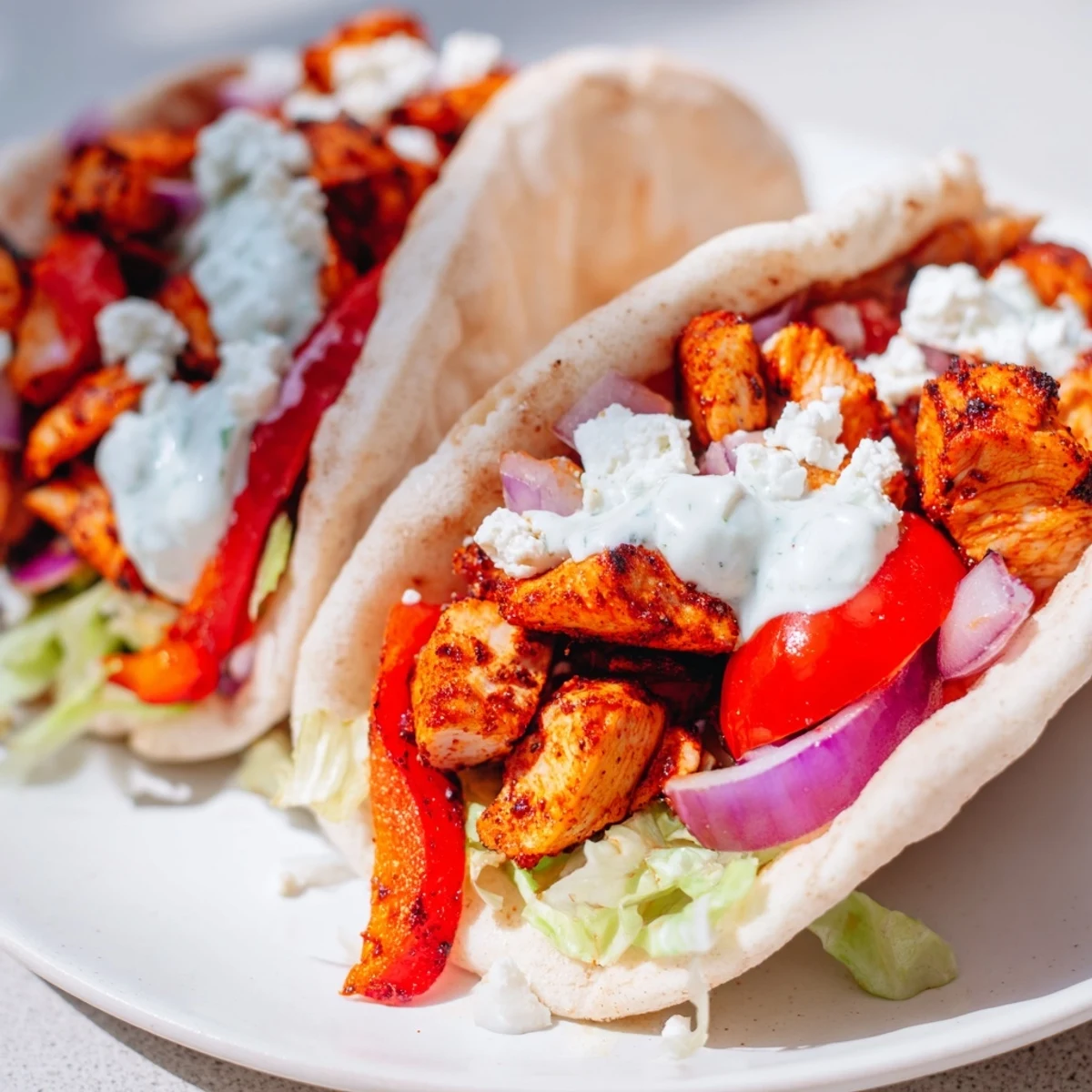 Golden roasted chicken thighs and colorful bell peppers on a sheet pan, ready for Sheet Pan Chicken Pitas with Herby Ranch.