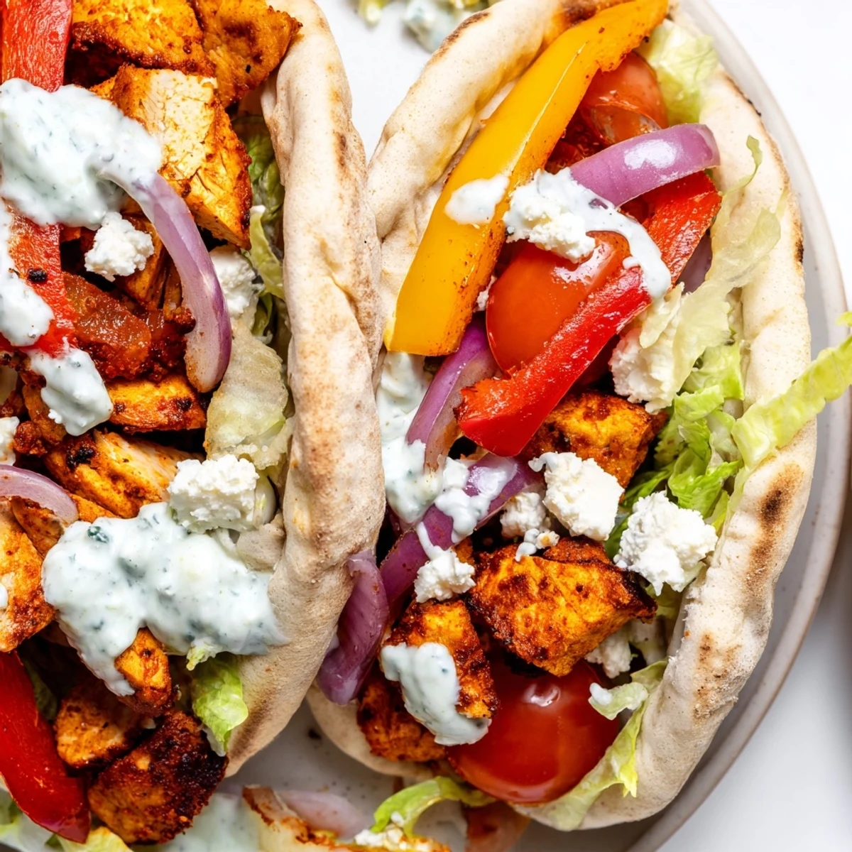 Warm pitas stuffed with juicy roasted chicken, crisp veggies, and creamy herby ranch, served with crumbled feta.