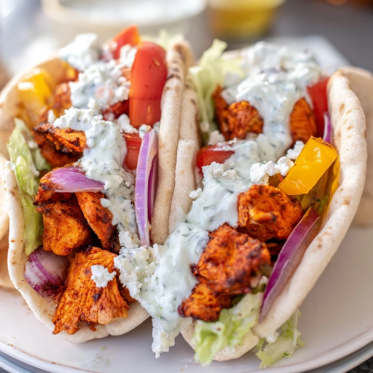 A vibrant platter of Sheet Pan Chicken Pitas with Herby Ranch, garnished with fresh herbs and lettuce.