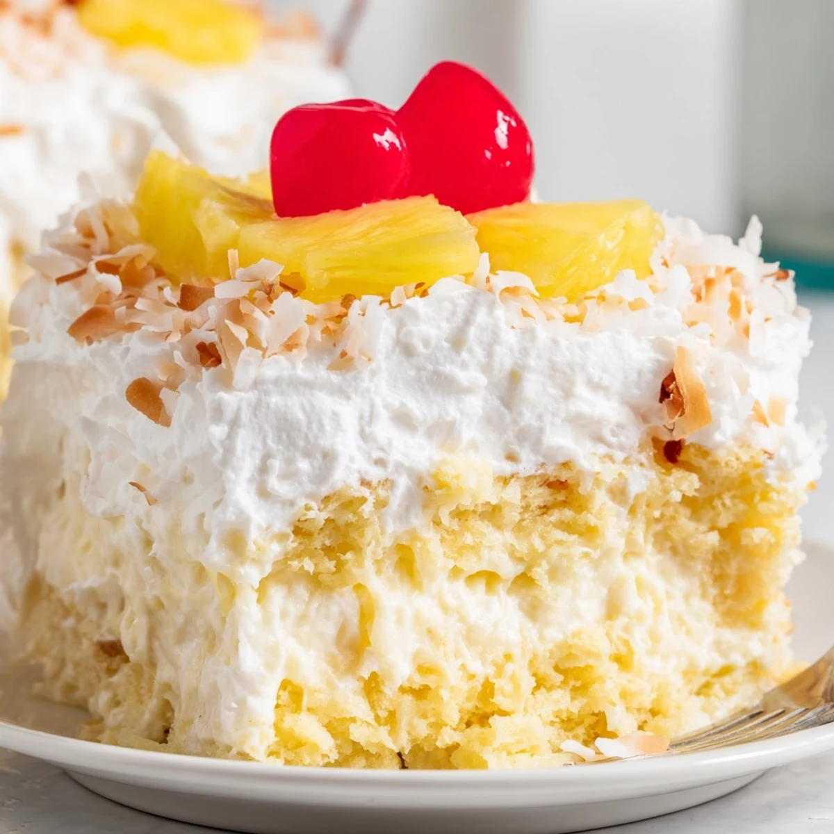 Freshly baked Hawaiian Poke Cake with moist pineapple-infused layers soaked in creamy coconut milk.