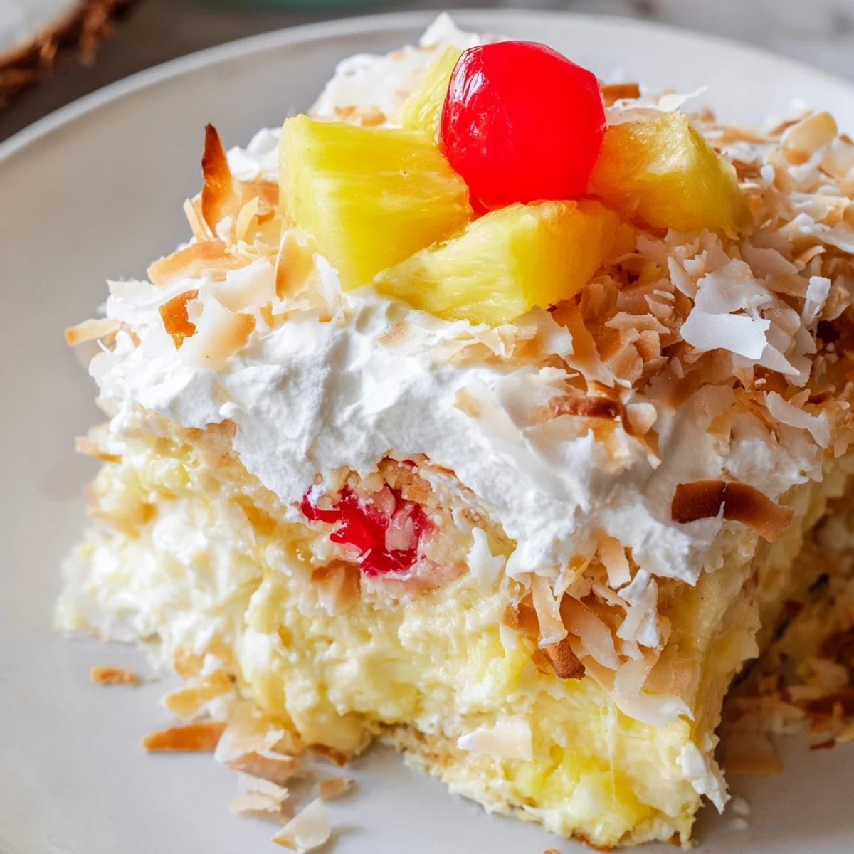 Cool Hawaiian Poke Cake topped with fluffy whipped cream, toasted coconut flakes, and sweet pineapple.