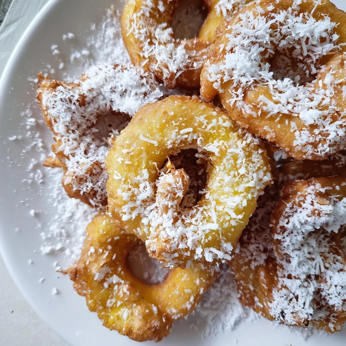 Golden Heavenly Pineapple Fritters That Bring Tropical Joy rest on a plate dusted with powdered sugar, offering a warm, crispy tropical dessert.