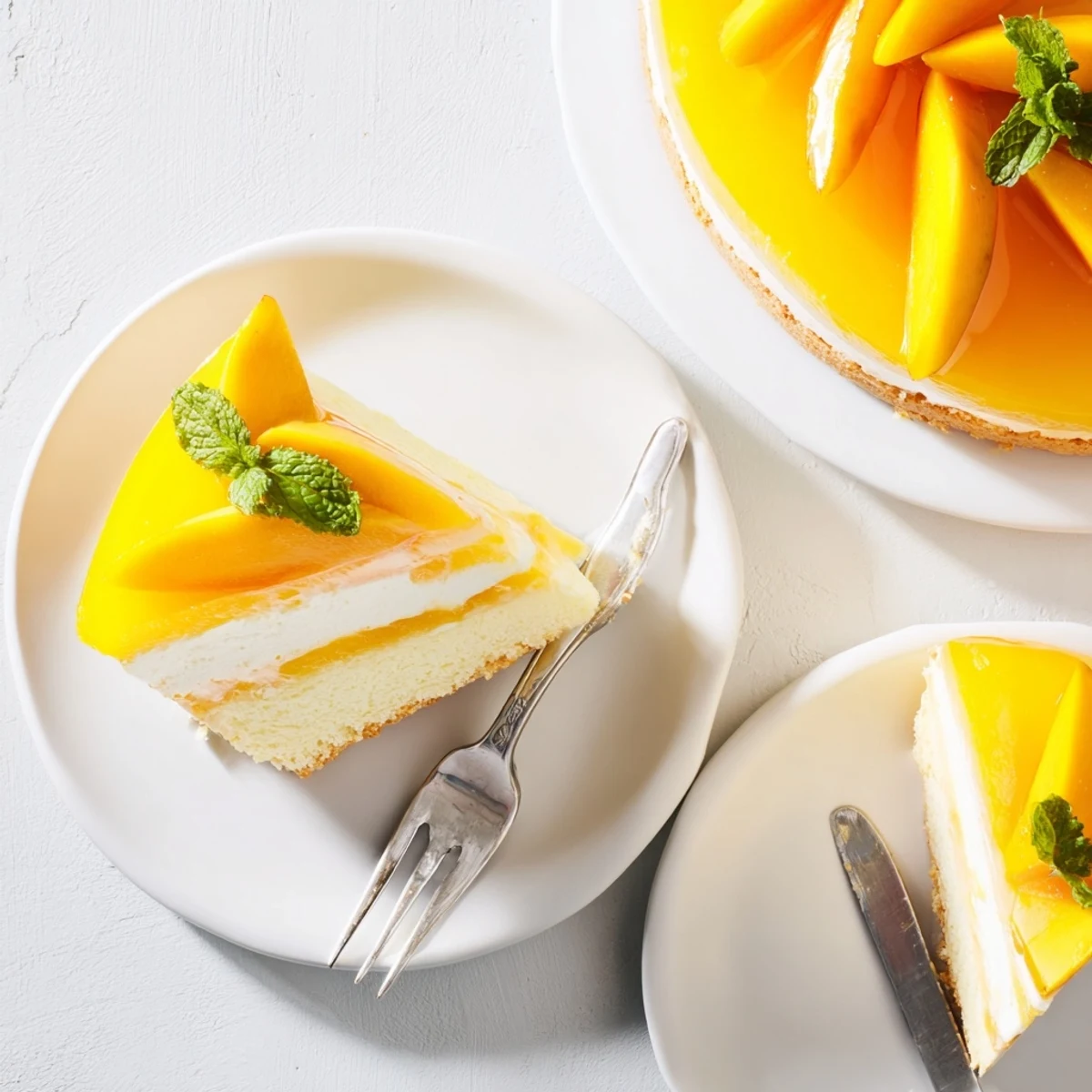 A slice of Mango Mousse Cake on a white plate with fresh mango garnish and mint leaves.