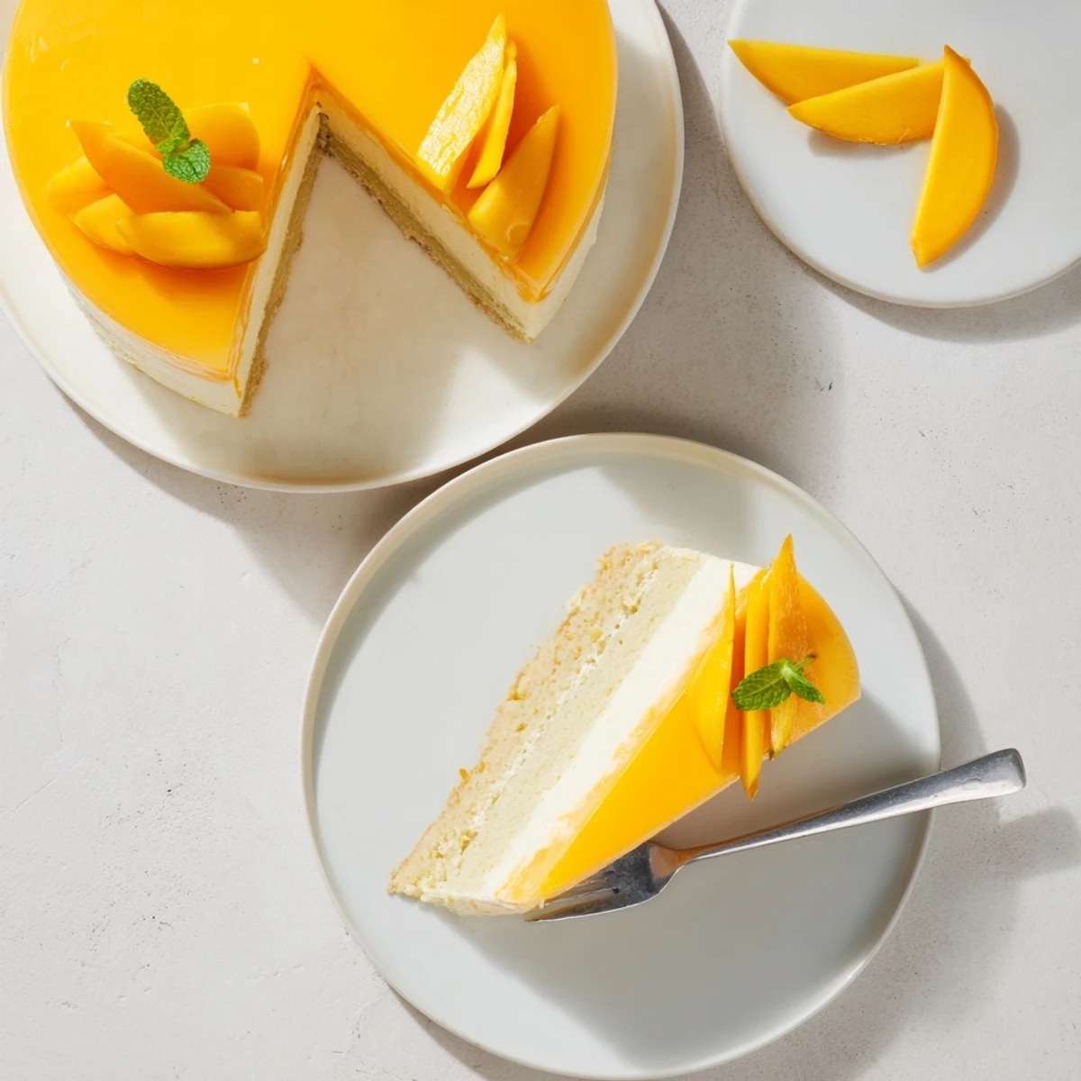 Vibrant Mango Mousse Cake topped with ripe mango slices and a mint sprig on top.