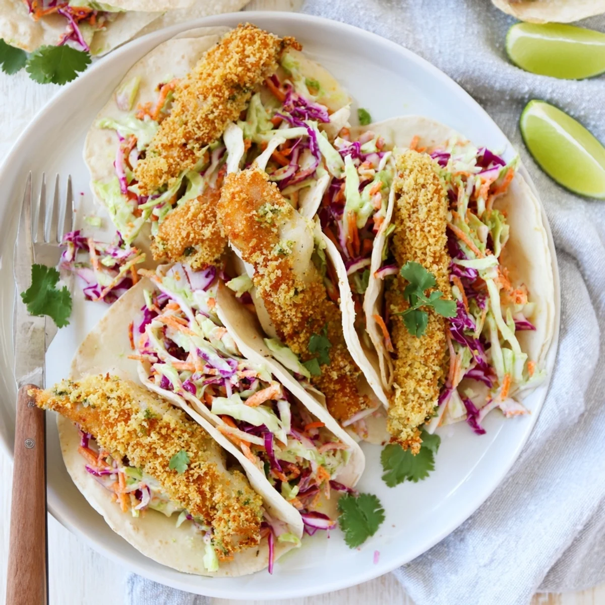 Golden, crispy fish fillets nestled in warm tortillas topped with vibrant cilantro lime slaw for a fresh bite.