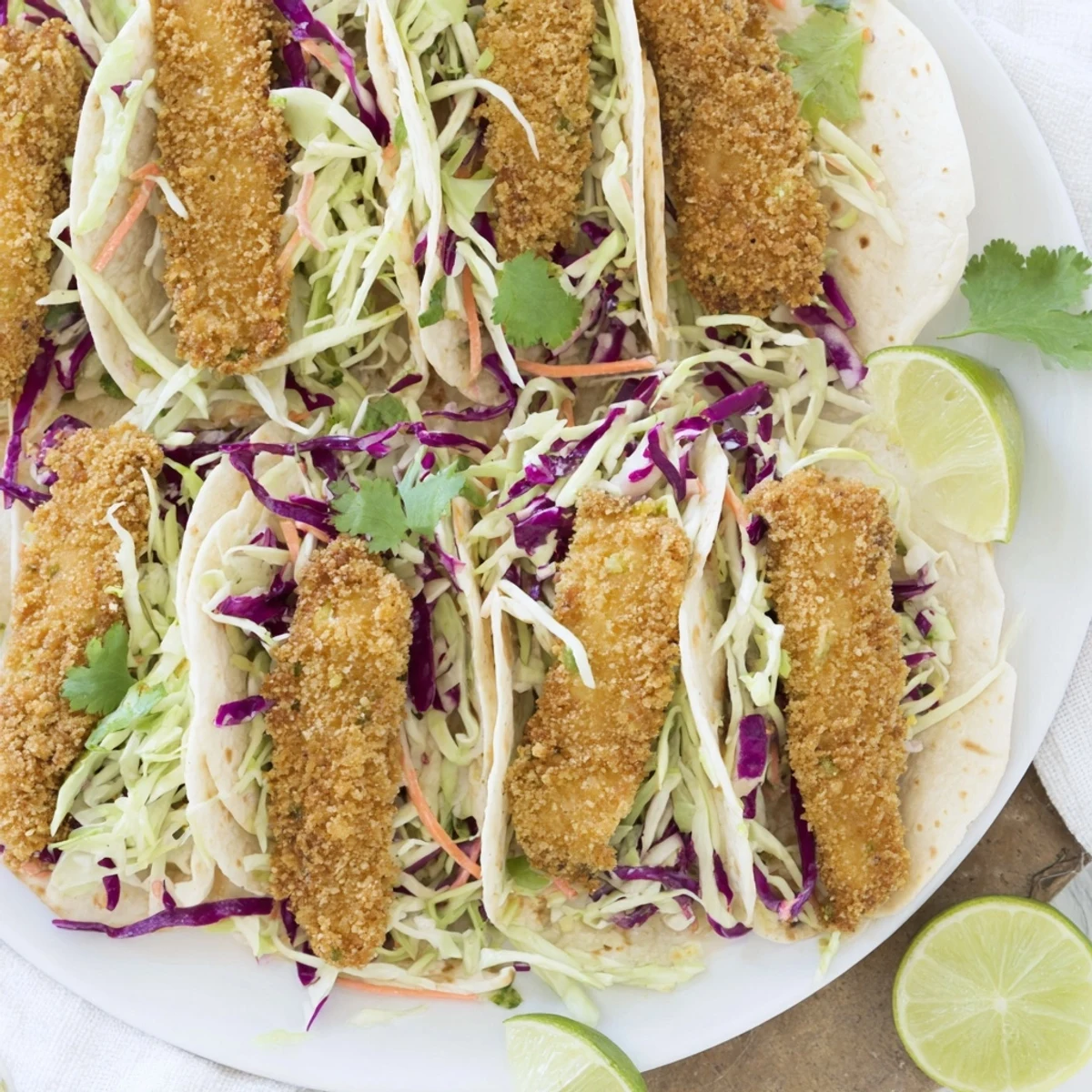 Freshly fried Crispy Fish Tacos with cilantro lime slaw served on a plate with lime wedges nearby.
