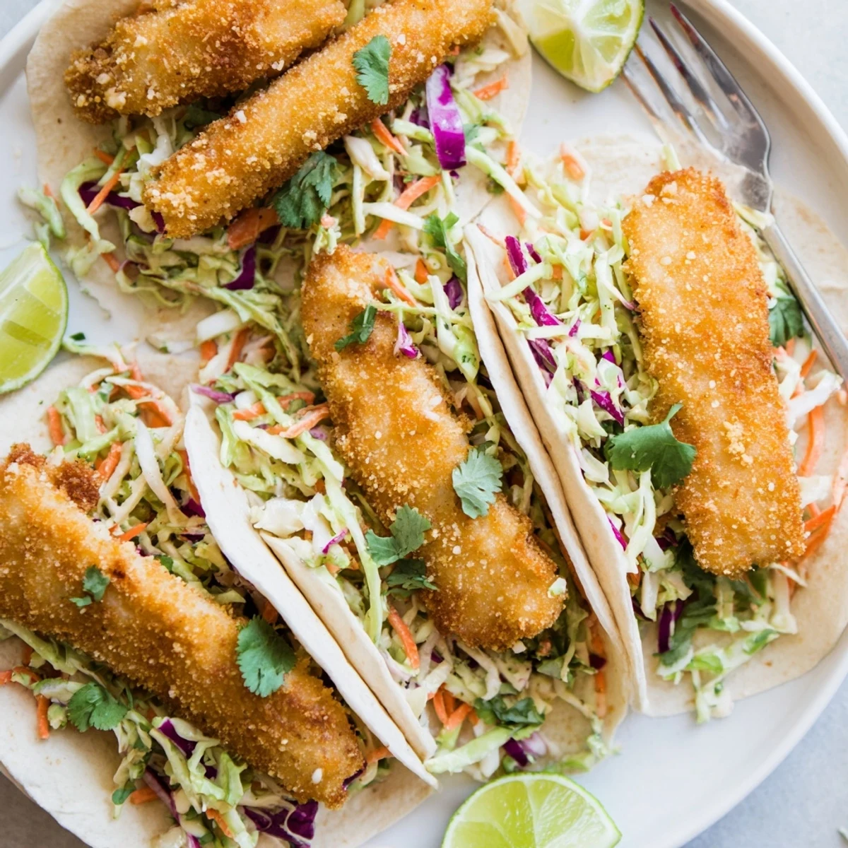 Colorful Crispy Fish Tacos featuring crunchy panko-breaded fish and creamy cilantro lime slaw on soft tortillas.