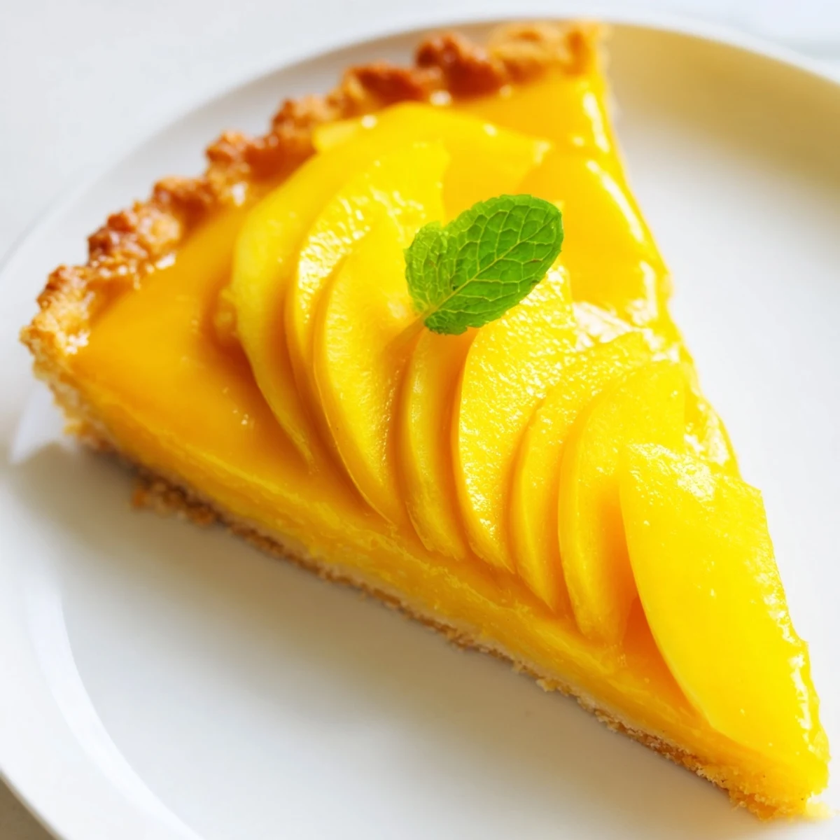 A slice of mango curd tart reveals golden, flaky crust and bright, silky-smooth curd topped with fresh mango.