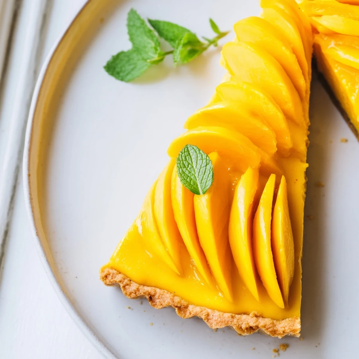 Sunlit mango curd tart in a white pan, garnished with mint, ready to serve at a summer gathering.