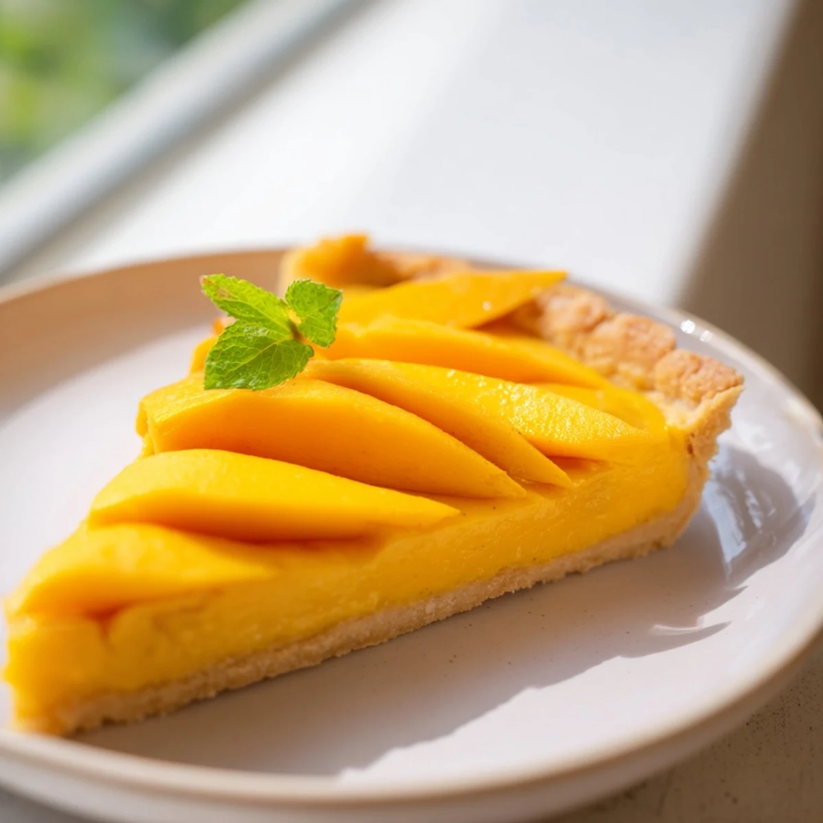 Close-up of mango curd tart with buttery crust, luscious mango filling, and edible flowers for an elegant dessert presentation.