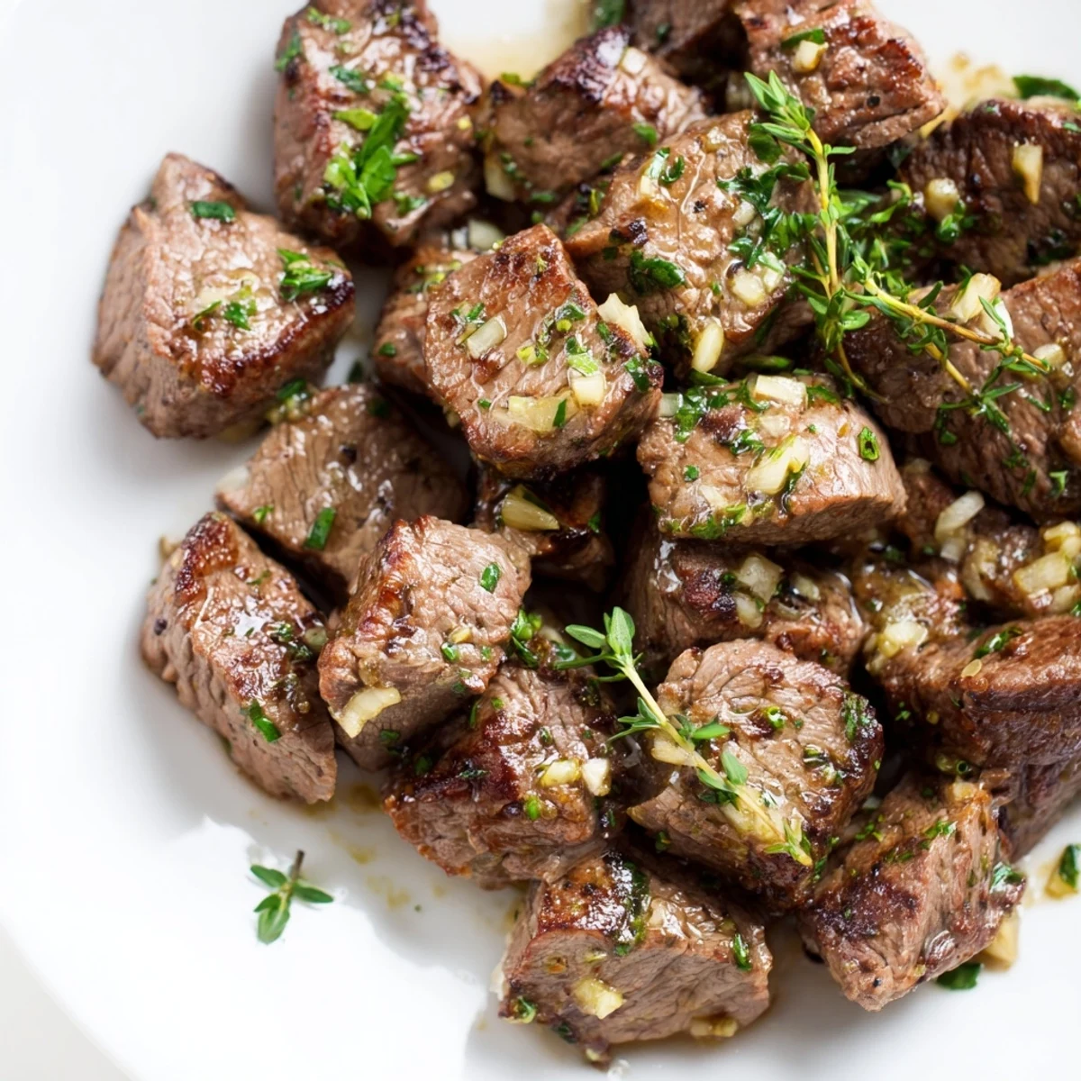 Golden-brown Garlic Butter Steak Bites glistening with fresh parsley on a rustic plate.