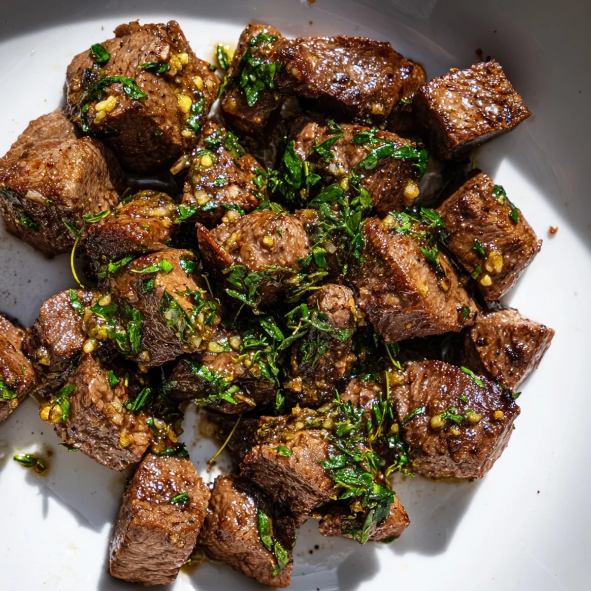 Sizzling Garlic Butter Steak Bites tossed in herbs beside creamy mashed potatoes.