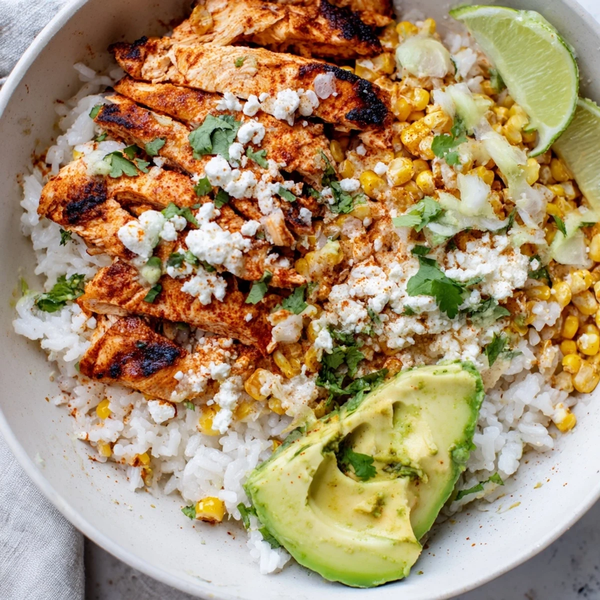 Juicy grilled chicken and zesty street corn top fluffy rice in this Street Corn Chicken Rice Bowl, served with lime wedges.