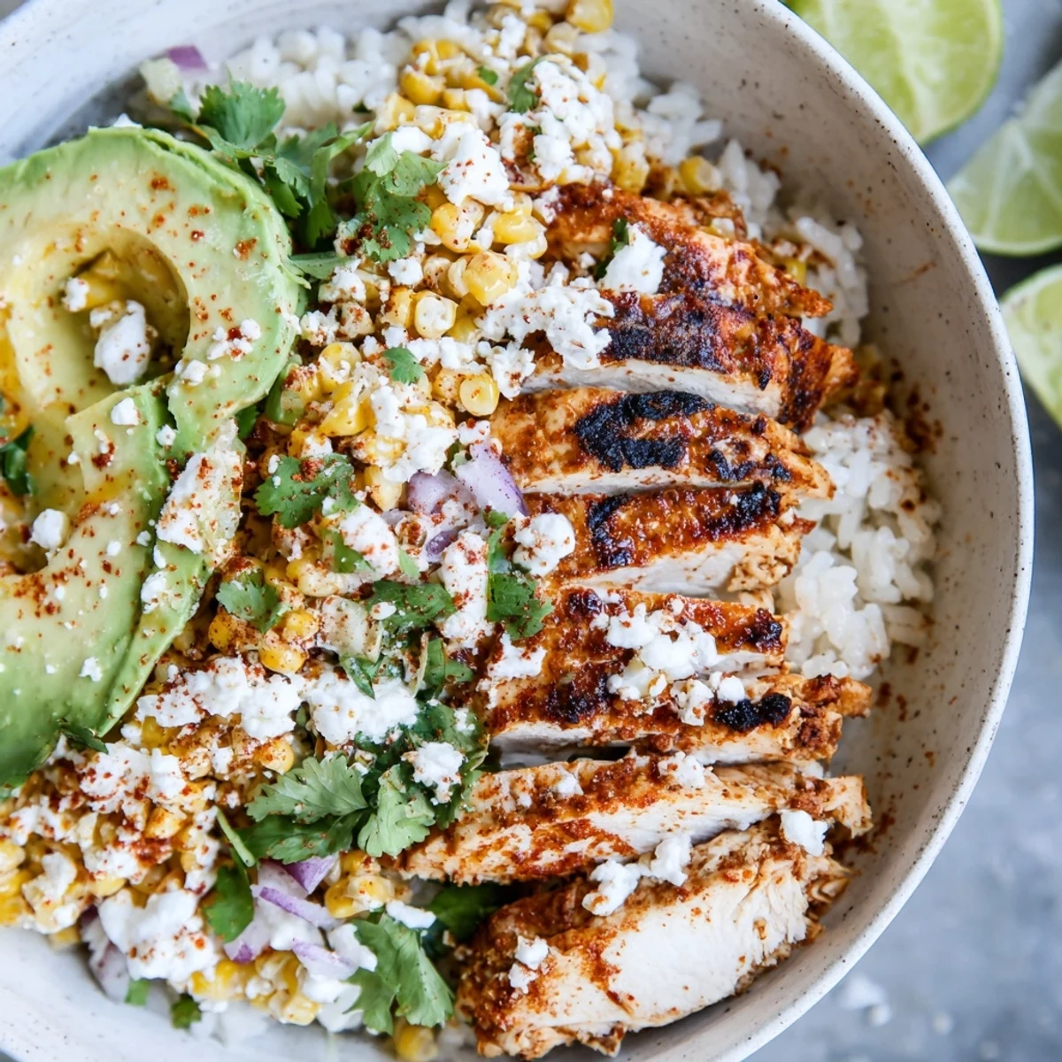 A warm Street Corn Chicken Rice Bowl features charred corn, seasoned chicken, and fresh toppings for a satisfying Mexican-inspired dinner.