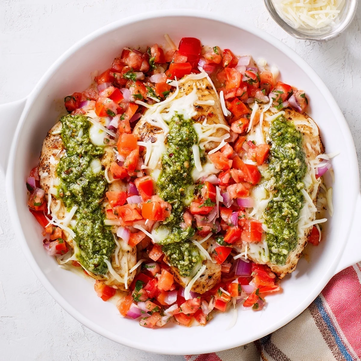 Golden baked Pesto Bruschetta Chicken topped with melted mozzarella and fresh diced tomato bruschetta