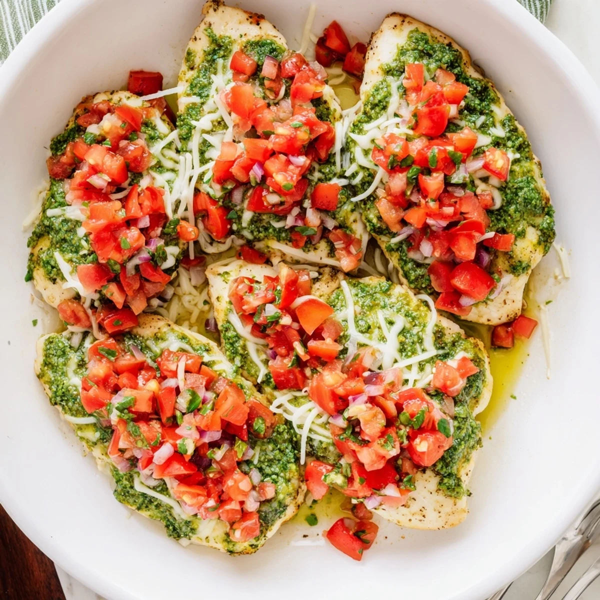 Italian-inspired Pesto Bruschetta Chicken with bubbly cheese and vibrant garden-fresh tomato garnish