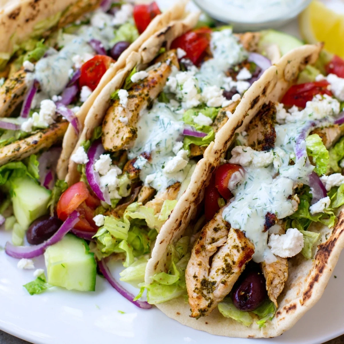 Mediterranean chicken tacos topped with crisp vegetables, feta cheese, and creamy yogurt sauce in soft tortillas
