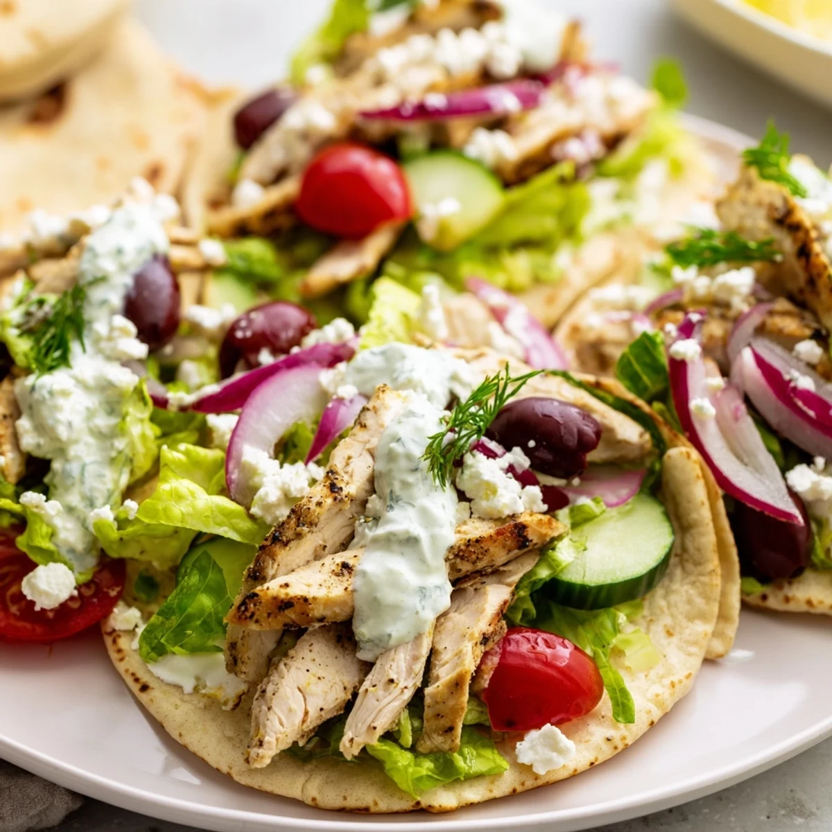 Grilled spiced chicken tacos loaded with fresh cucumber, tomatoes, olives, and tangy feta crumbles