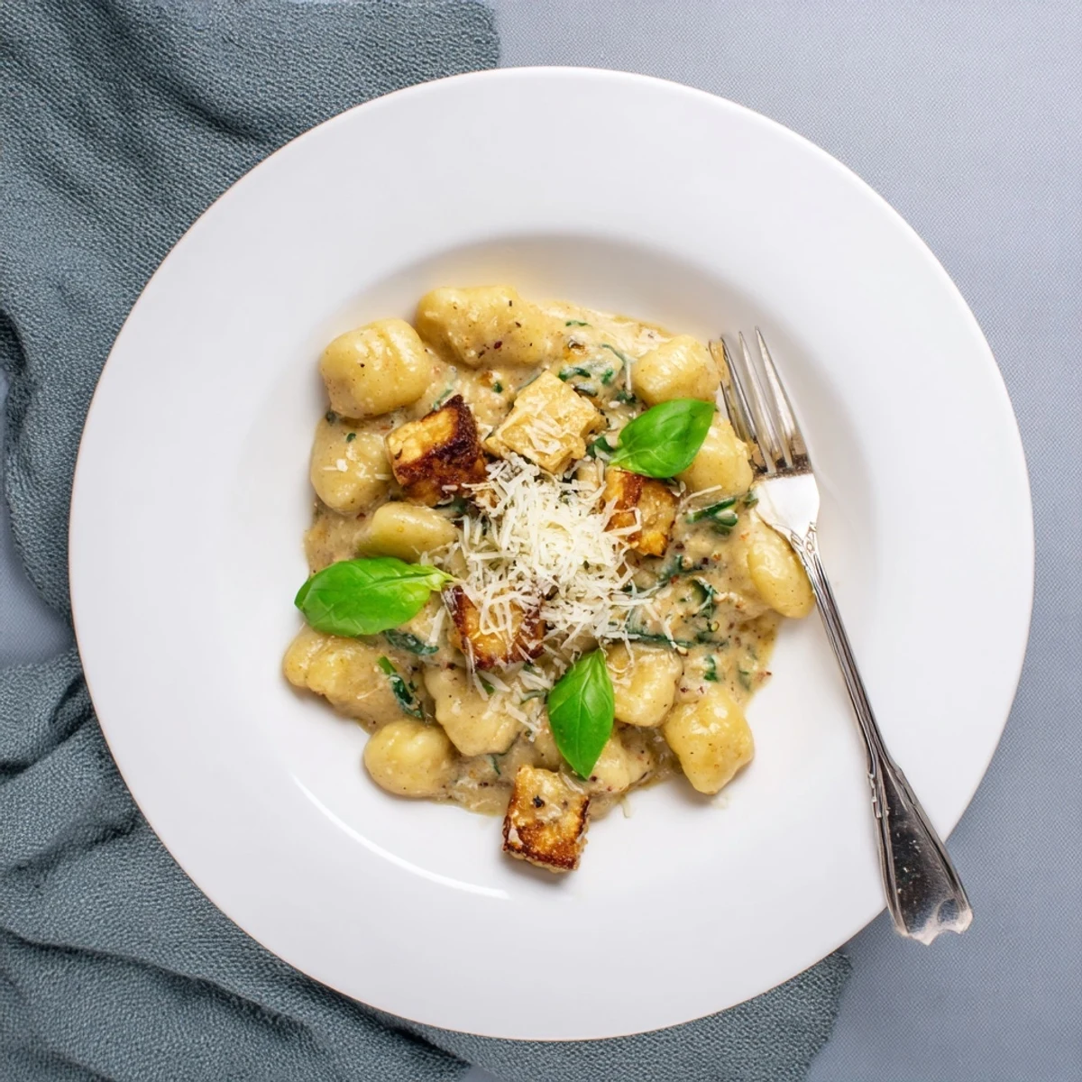 Golden crispy tofu and tender gnocchi tossed in a rich creamy sun-dried tomato sauce with fresh basil garnish