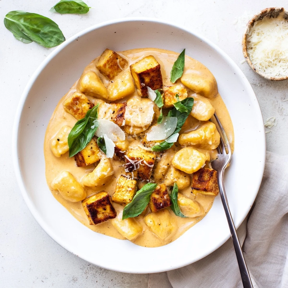 Steamy bowl of Marry Me crispy tofu with gnocchi coated in velvety tomato cream sauce and grated Parmesan