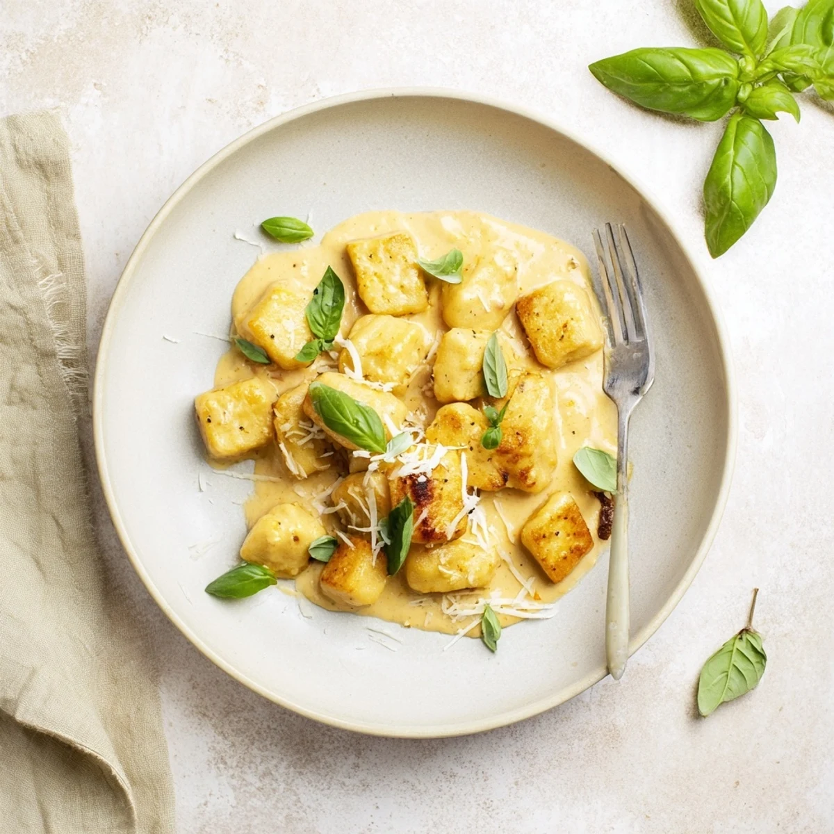 Close-up of crispy golden tofu cubes and pillowy gnocchi swimming in a luscious sun-dried tomato cream sauce