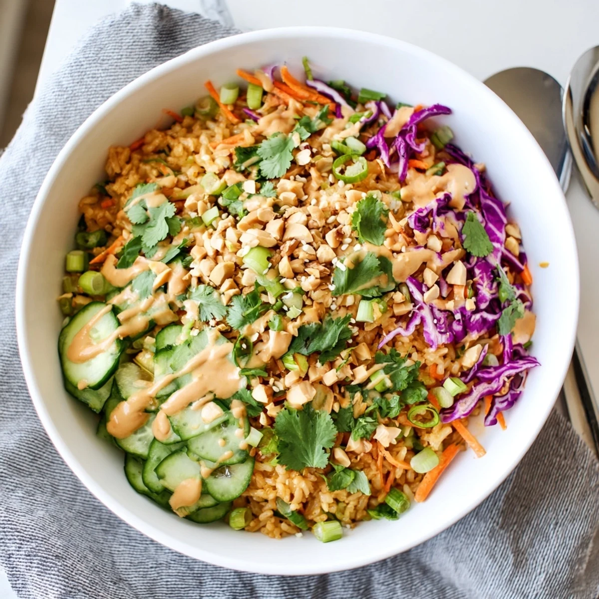 Golden crispy rice salad topped with colorful vegetables and creamy peanut sesame dressing in a bowl