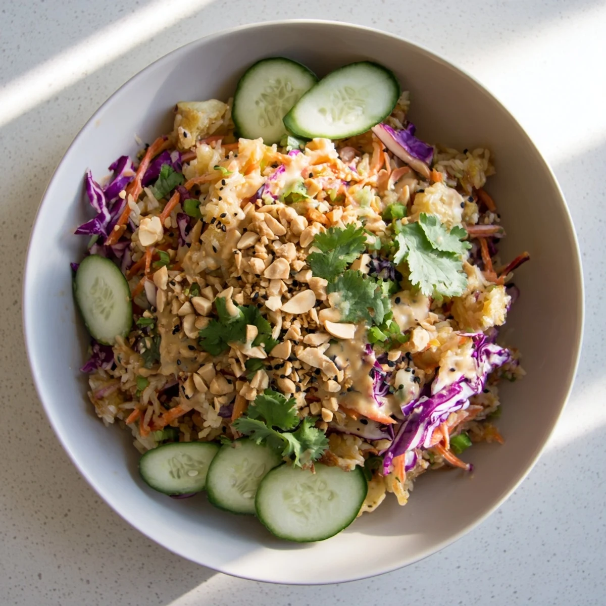 Vibrant bowl of crispy rice salad with fresh purple cabbage carrots cucumber and tangy peanut sesame dressing