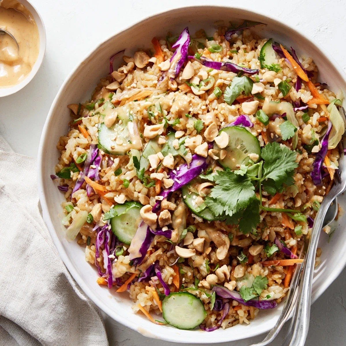 Close up of crispy rice salad garnished with chopped peanuts sesame seeds and drizzled with peanut sesame dressing