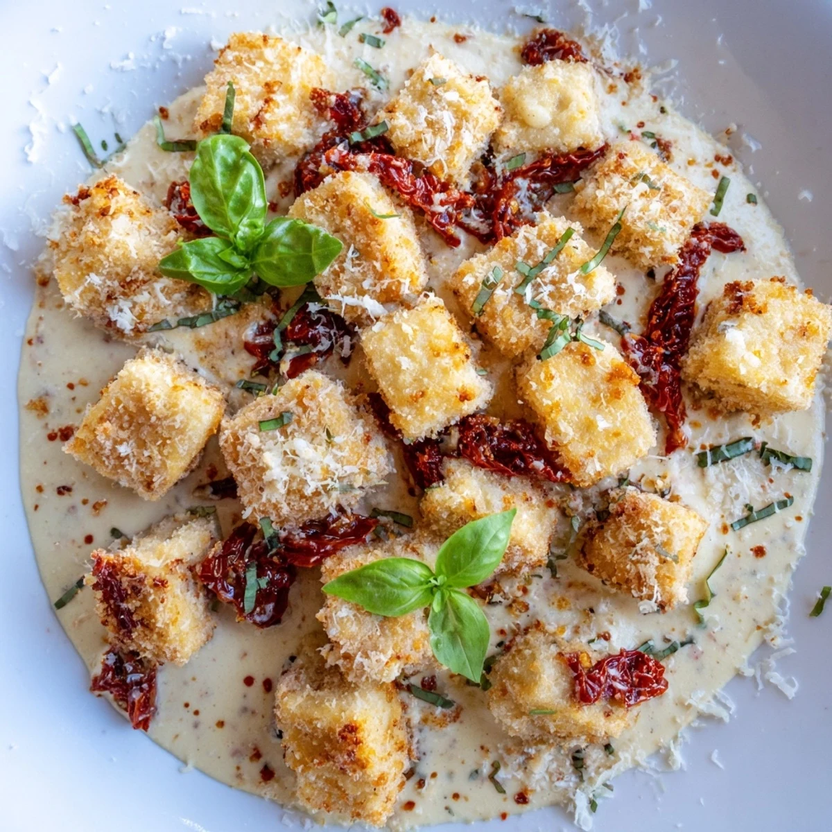 Classic Marry Me Tofu plated with fresh basil garnish over a white serving dish