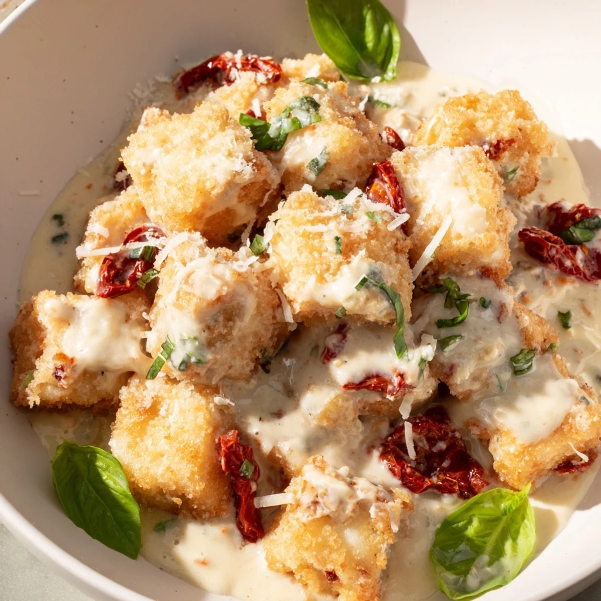 Golden crispy tofu cubes swimming in a rich sun-dried tomato garlic cream sauce