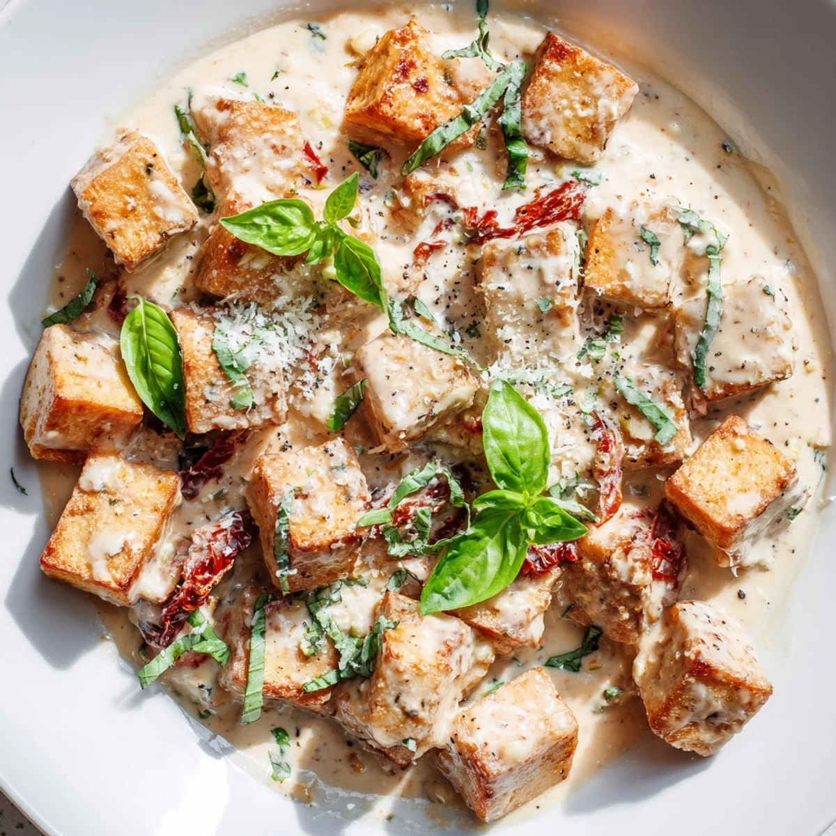 Creamy plant-based skillet dish featuring golden brown tofu in a savory tomato cream sauce