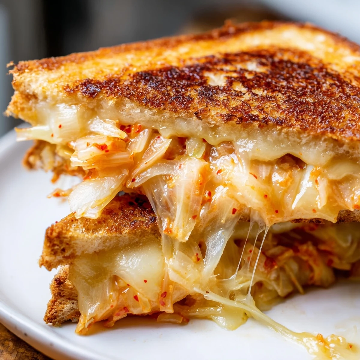 Golden brown kimchi grilled cheese sandwich with melted cheddar and mozzarella oozing from buttery sourdough bread