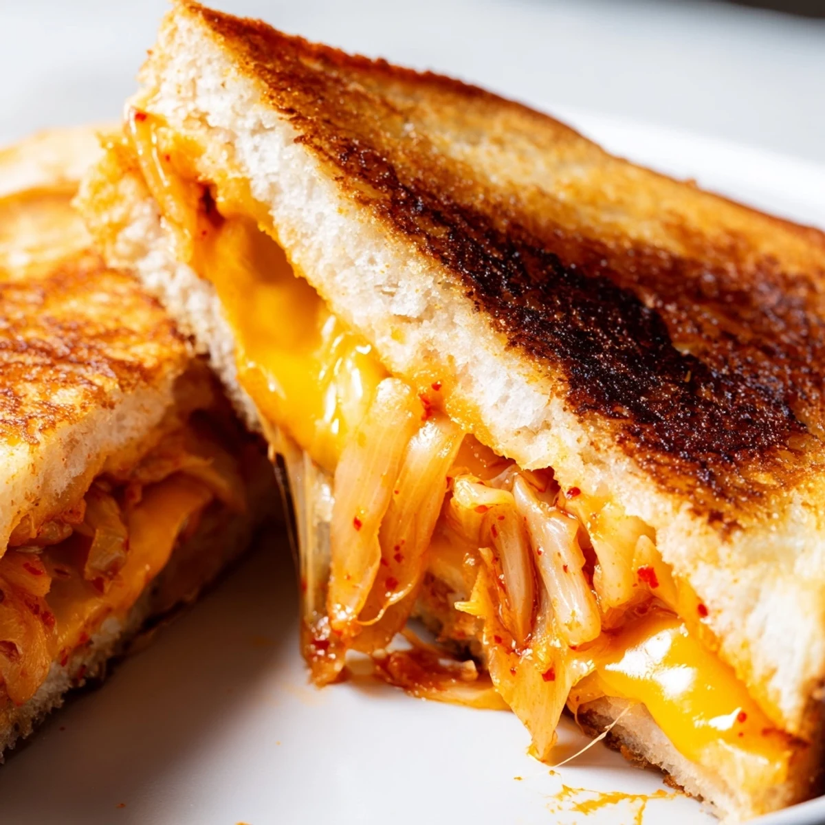 Crispy grilled cheese featuring tangy spicy kimchi layers between gooey melted cheese slices on toasted bread