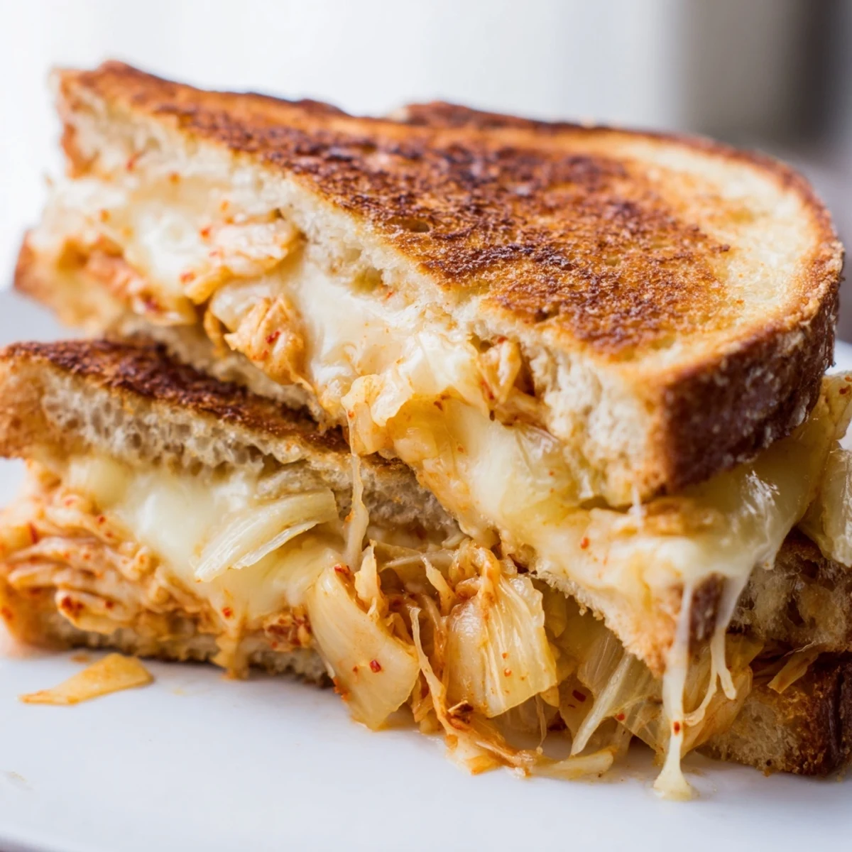 Sliced kimchi grilled cheese sandwich displaying vibrant fermented cabbage and melted cheese against golden crusty sourdough