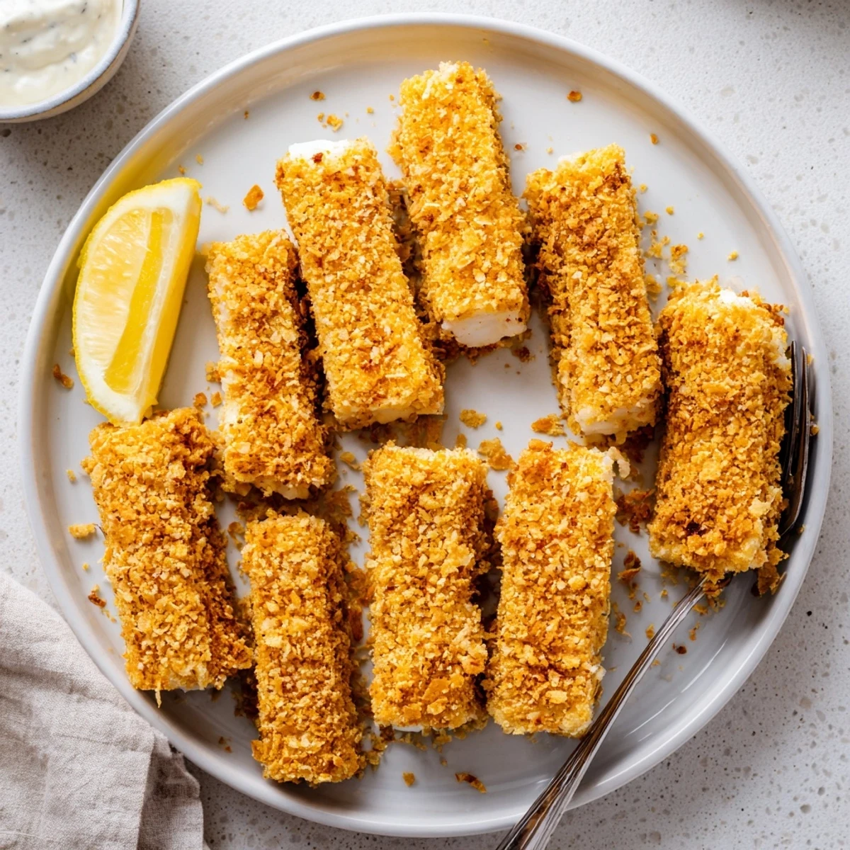 Golden brown corn chip fish fingers arranged on a white baking sheet, perfectly crispy and ready for dipping