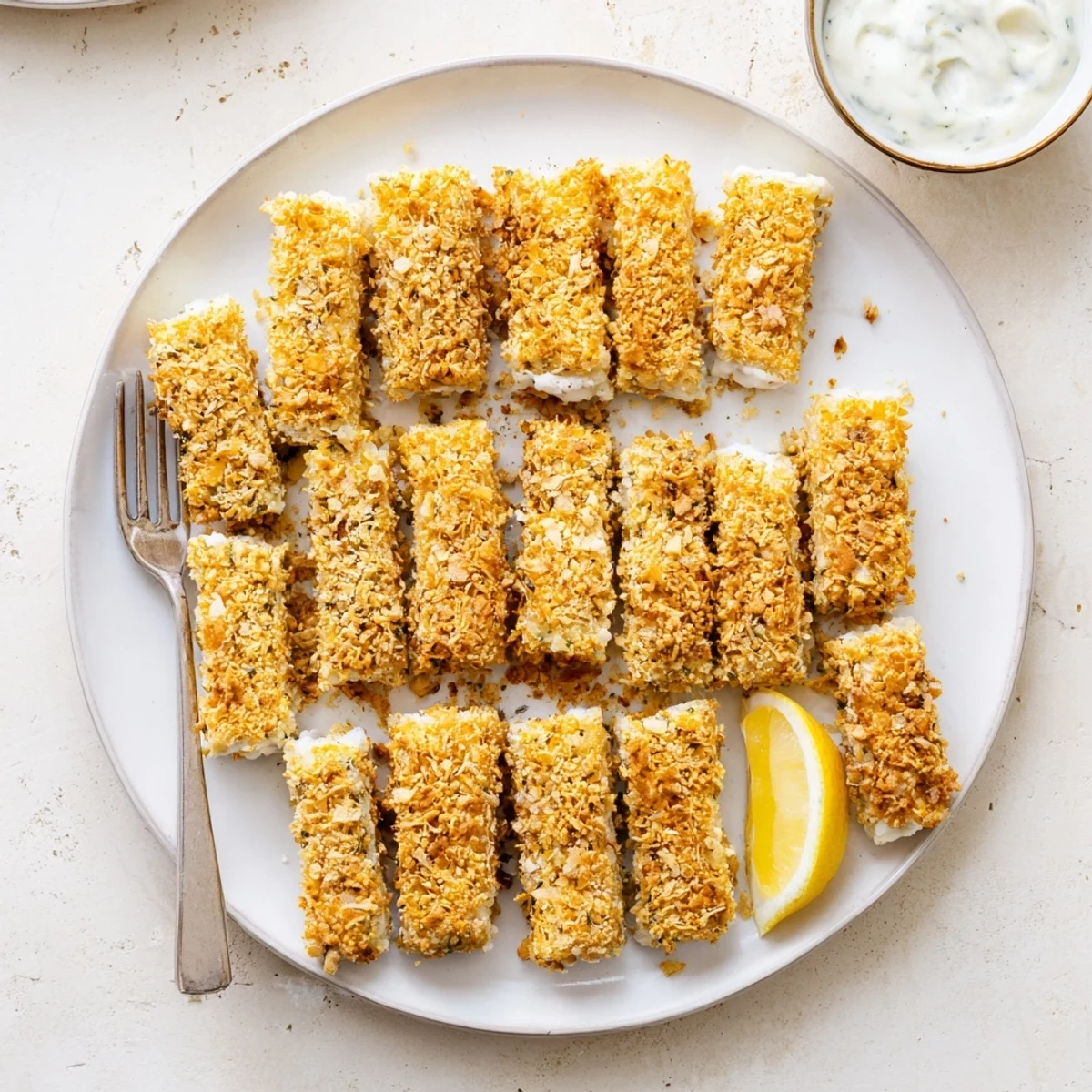 Oven-baked corn chip fish fingers showcasing their golden textured crust, ideal for family dinner or party appetizers