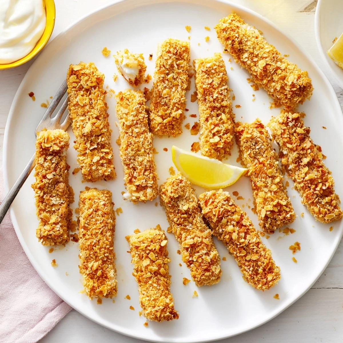 Homemade corn chip fish fingers with crunchy tortilla coating, served with fresh lemon wedges and tartare sauce