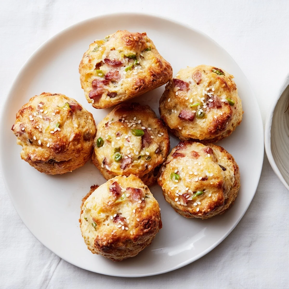 Golden brown homemade Chinese sausage biscuits with visible sausage pieces and scallions on a wooden board