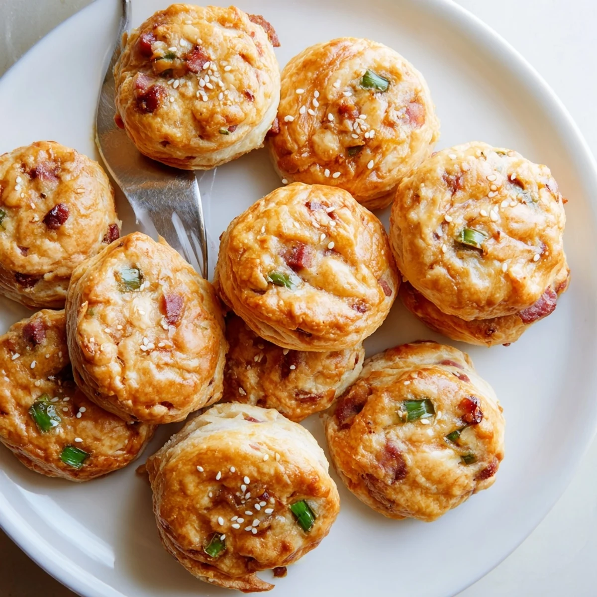 Fluffy buttery homemade Chinese sausage biscuits fresh from the oven with a side of chili crisp