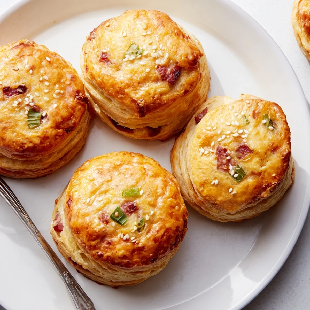 Stack of warm homemade Chinese sausage biscuits showing layers of sausage and sesame seeds on white plate