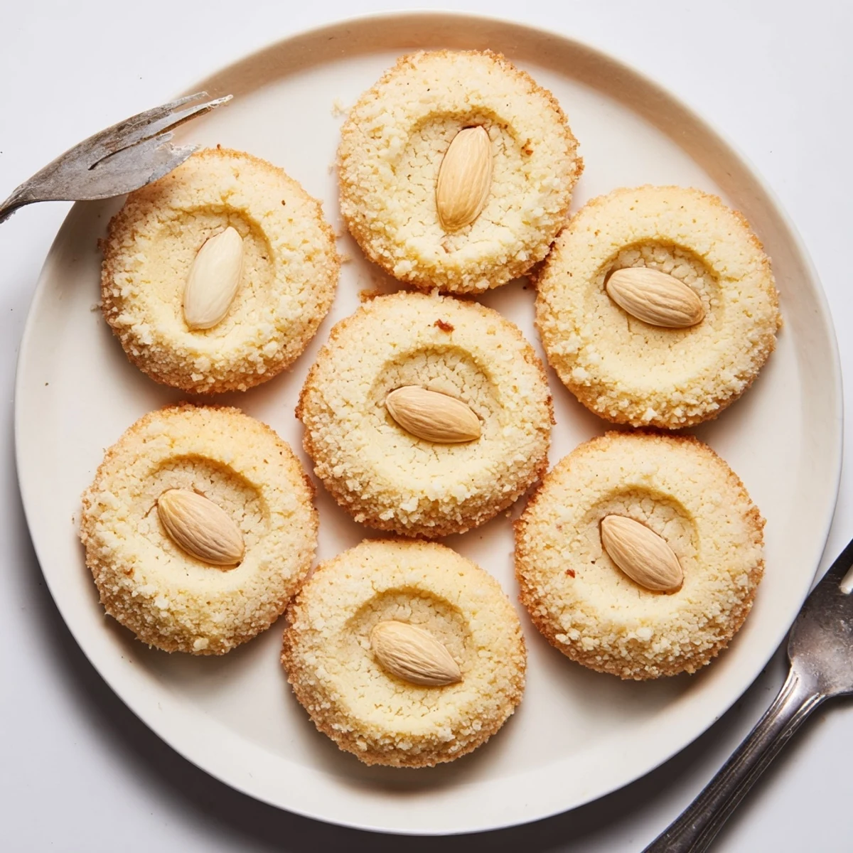 Golden Chinese almond cookies stacked on a white plate with whole almond center decorations