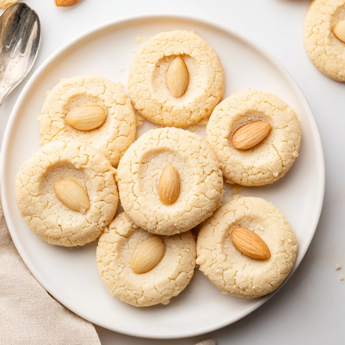Bite-sized Chinese almond cookies topped with blanched almonds arranged on rustic wooden serving board